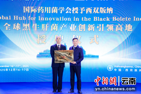 大会向宏臻生物授予“全球黑牛肝菌产业创新引领高地”称号。主办方供图 大会向宏臻生物授予“全球黑牛肝菌产业创新引领高地”称号。主办方供图